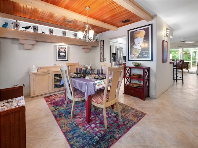 dining area featuring ceiling fan with notable chandelier, beamed ceiling, wooden ceiling, and light tile patterned flooring