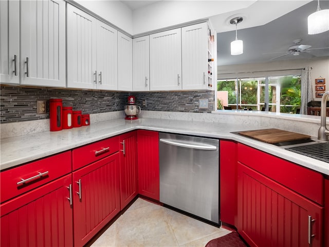 kitchen featuring white cabinetry, decorative light fixtures, decorative backsplash, stainless steel dishwasher, and ceiling fan