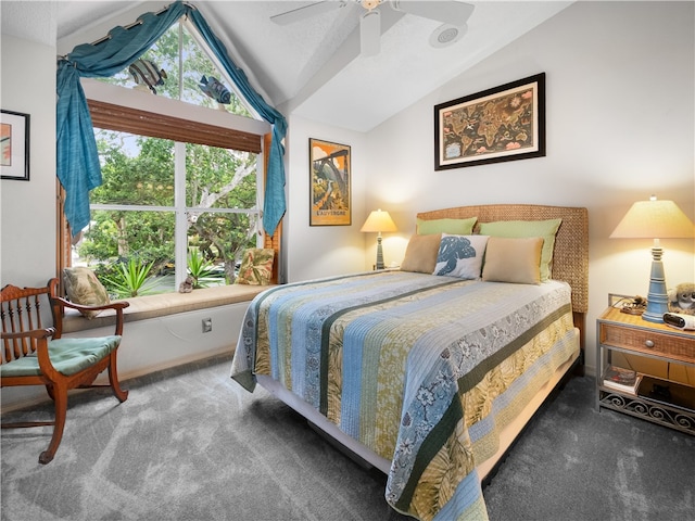 bedroom with carpet, vaulted ceiling, and ceiling fan