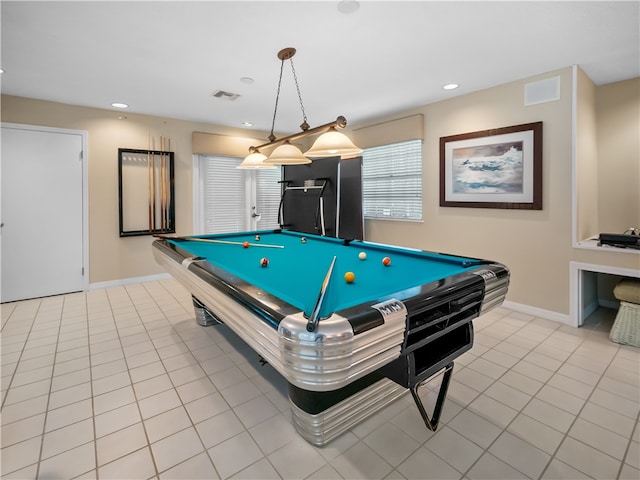 rec room with pool table and light tile patterned floors