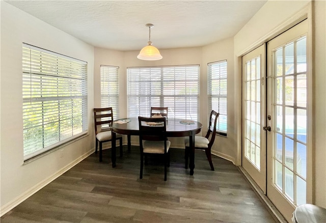 dining area with french doors, dark hardwood / wood-style flooring, and a healthy amount of sunlight