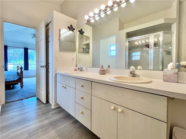 bathroom featuring hardwood / wood-style flooring, vanity, and an enclosed shower