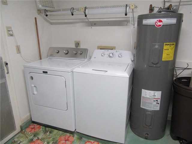 laundry room with washer and clothes dryer, laundry area, and electric water heater