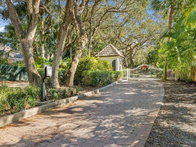 view of community with decorative driveway, a gate, and fence