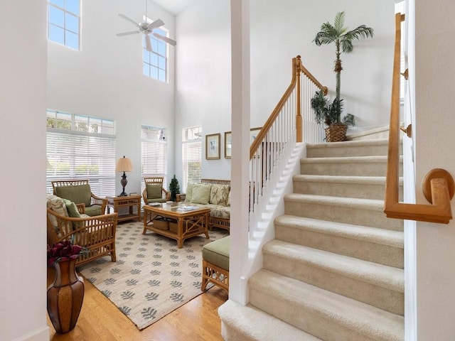 interior space featuring ceiling fan, wood-type flooring, and a towering ceiling