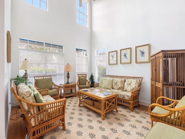 living area featuring plenty of natural light and a high ceiling