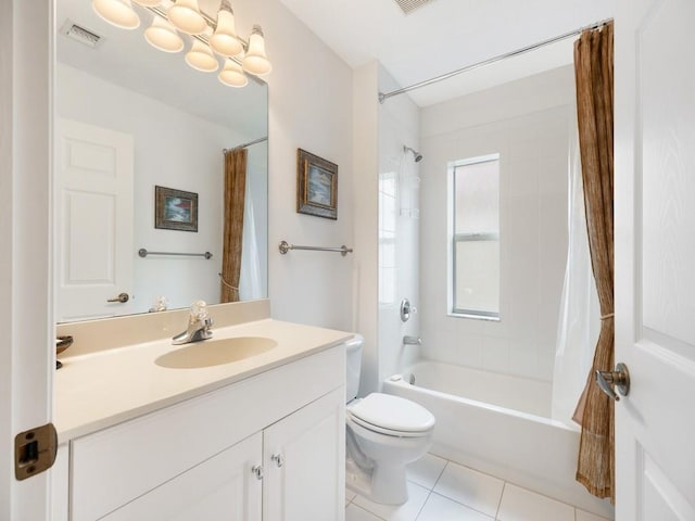 full bathroom with shower / bathtub combination with curtain, tile patterned flooring, vanity, and toilet