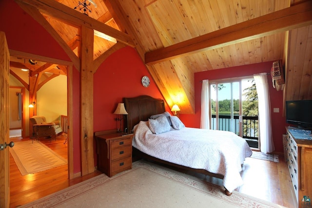 bedroom featuring wooden ceiling, light wood-type flooring, lofted ceiling with beams, and access to exterior