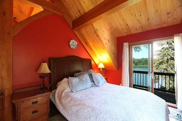 bedroom featuring access to outside, wooden ceiling, and lofted ceiling with beams