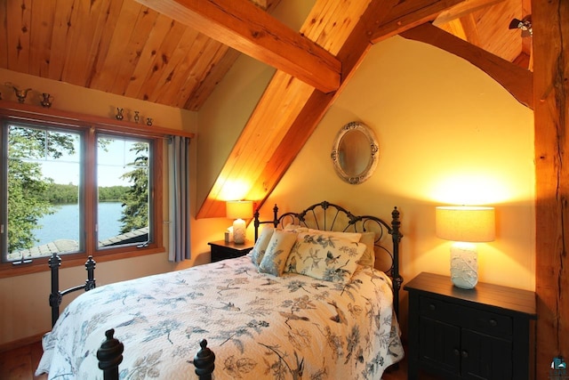 bedroom with vaulted ceiling with beams, wood-type flooring, a water view, and wood ceiling