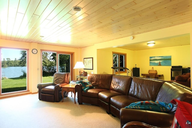 carpeted living room featuring wooden ceiling and a water view