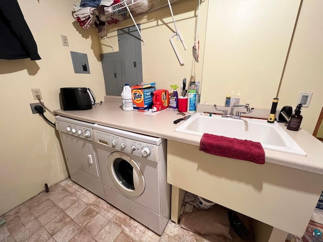 washroom featuring washing machine and dryer, sink, hookup for an electric dryer, and light tile floors