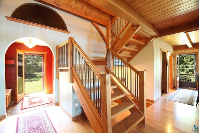 staircase featuring wood-type flooring, beamed ceiling, and wooden ceiling