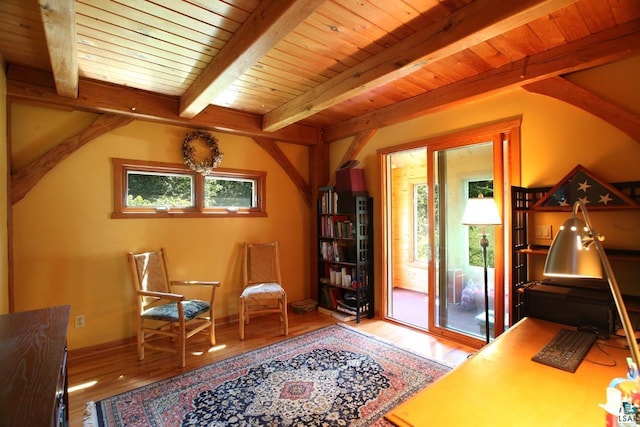 living area with beam ceiling, hardwood / wood-style flooring, and wooden ceiling