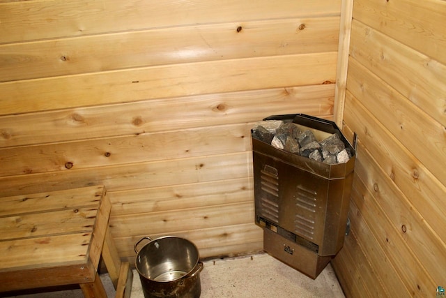 view of sauna / steam room featuring wooden walls