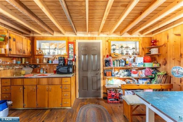 kitchen with beam ceiling, wooden ceiling, and wooden walls