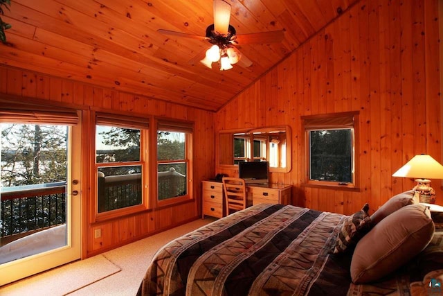 bedroom with wooden ceiling, lofted ceiling, wood walls, and light carpet