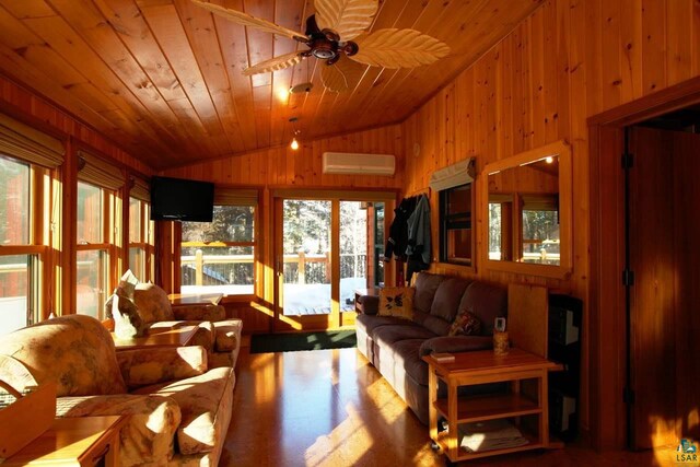 living room with ceiling fan, wood walls, a wall mounted AC, high vaulted ceiling, and wood ceiling