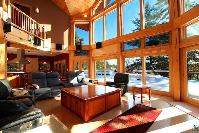 living room featuring high vaulted ceiling and wood ceiling