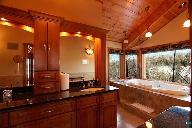 bathroom featuring tile flooring, lofted ceiling, tiled bath, vanity, and wood ceiling