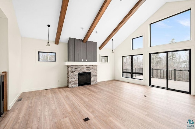 unfurnished living room with beamed ceiling, light hardwood / wood-style flooring, high vaulted ceiling, and a fireplace