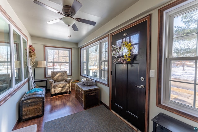 entrance foyer featuring ceiling fan and dark wood-type flooring