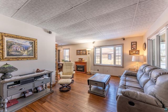 living room with dark hardwood / wood-style flooring and a paneled ceiling