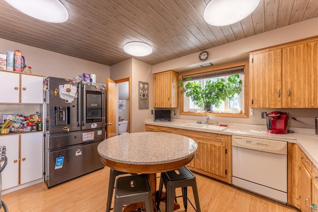 kitchen featuring high quality fridge, light hardwood / wood-style floors, dishwasher, sink, and wood ceiling