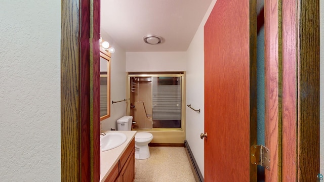 full bathroom with shower / bathing tub combination, vanity, toilet, and baseboard heating