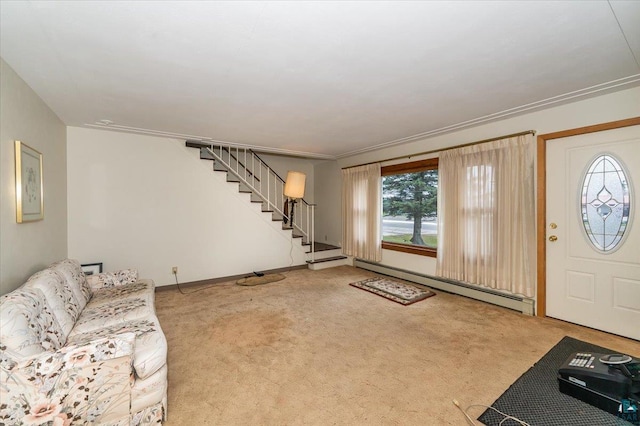 living room with a baseboard heating unit, ornamental molding, and carpet flooring