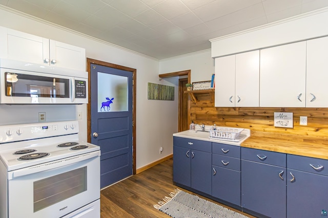 kitchen featuring white electric range oven, dark hardwood / wood-style floors, blue cabinets, white cabinets, and ornamental molding