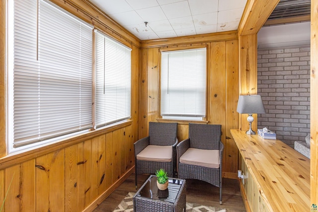 sitting room with wood walls and dark hardwood / wood-style flooring