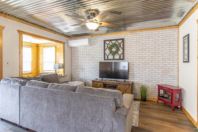 living room featuring a wall unit AC, ceiling fan, dark wood-type flooring, and brick wall