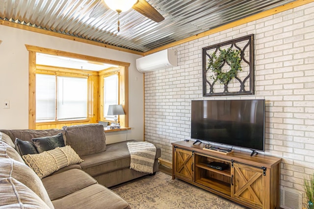 living room with a wall unit AC, ceiling fan, and brick wall