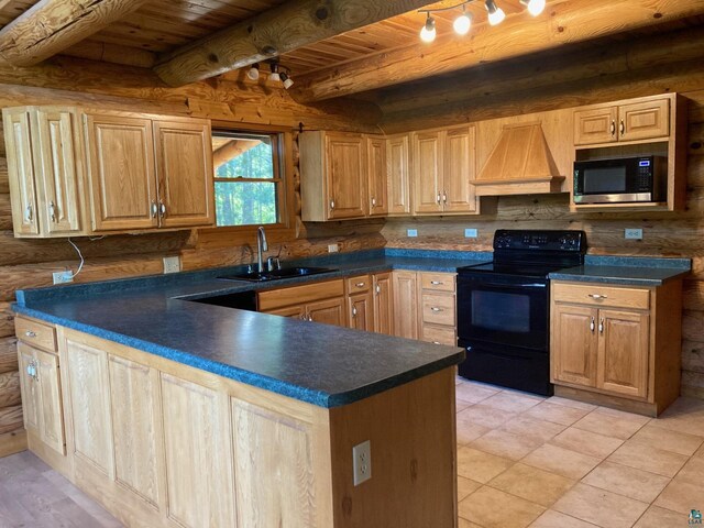 kitchen with beam ceiling, black range with electric stovetop, built in microwave, sink, and custom exhaust hood