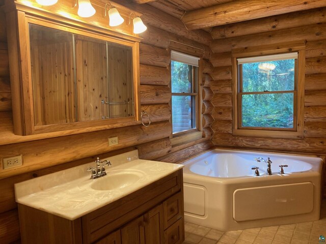 bathroom featuring beamed ceiling, vanity, a bath, and log walls