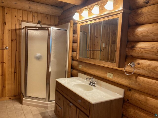 bathroom with vanity, beam ceiling, a shower with door, and rustic walls