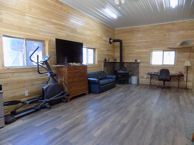 exercise area featuring a wood stove, wooden walls, and wood-type flooring