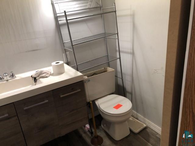 bathroom featuring vanity, toilet, and wood-type flooring