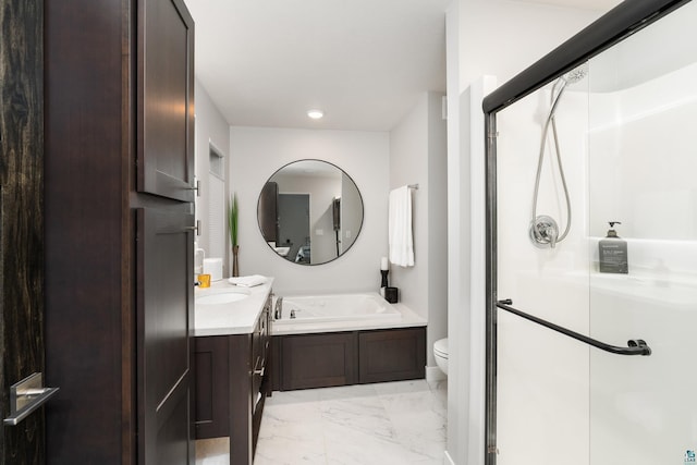 full bathroom with vanity, independent shower and bath, and toilet