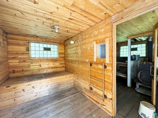 interior space with wood-type flooring, wooden walls, and wooden ceiling