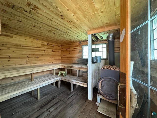 view of sauna / steam room with wood ceiling, wooden walls, and hardwood / wood-style floors