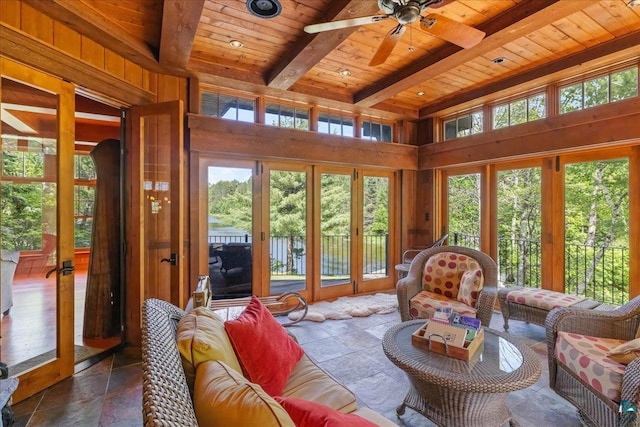 sunroom / solarium featuring wooden ceiling, beam ceiling, french doors, and ceiling fan