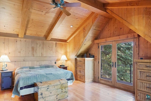 bedroom with wood walls, access to outside, wood ceiling, and light wood-type flooring