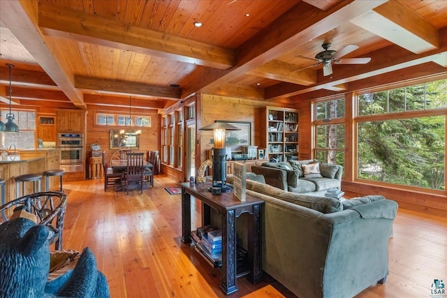 living room with light hardwood / wood-style floors, wooden ceiling, and wooden walls