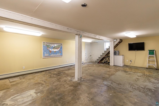 basement with washer / clothes dryer and a baseboard heating unit