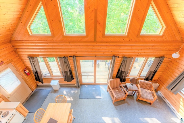 living room featuring carpet floors, a baseboard radiator, and high vaulted ceiling