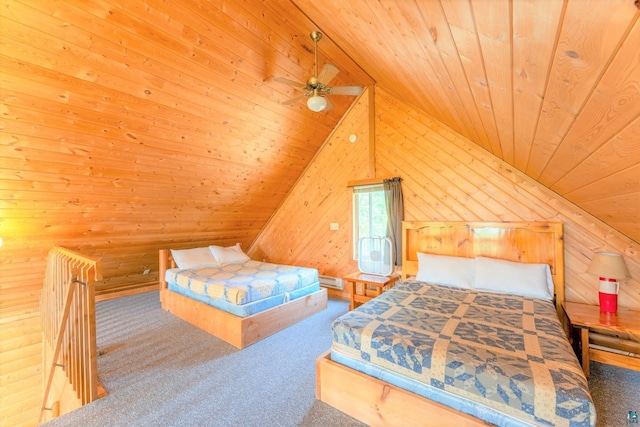 carpeted bedroom with wood ceiling and lofted ceiling