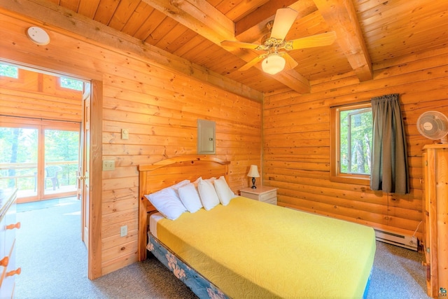 carpeted bedroom featuring beam ceiling, ceiling fan, log walls, baseboard heating, and wood ceiling