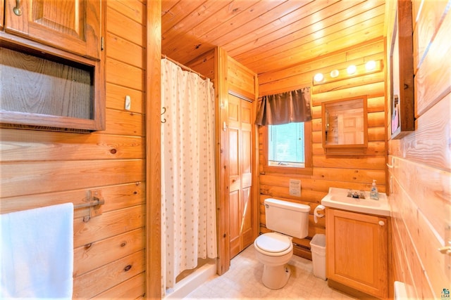 bathroom with log walls, wooden ceiling, a shower with curtain, toilet, and vanity